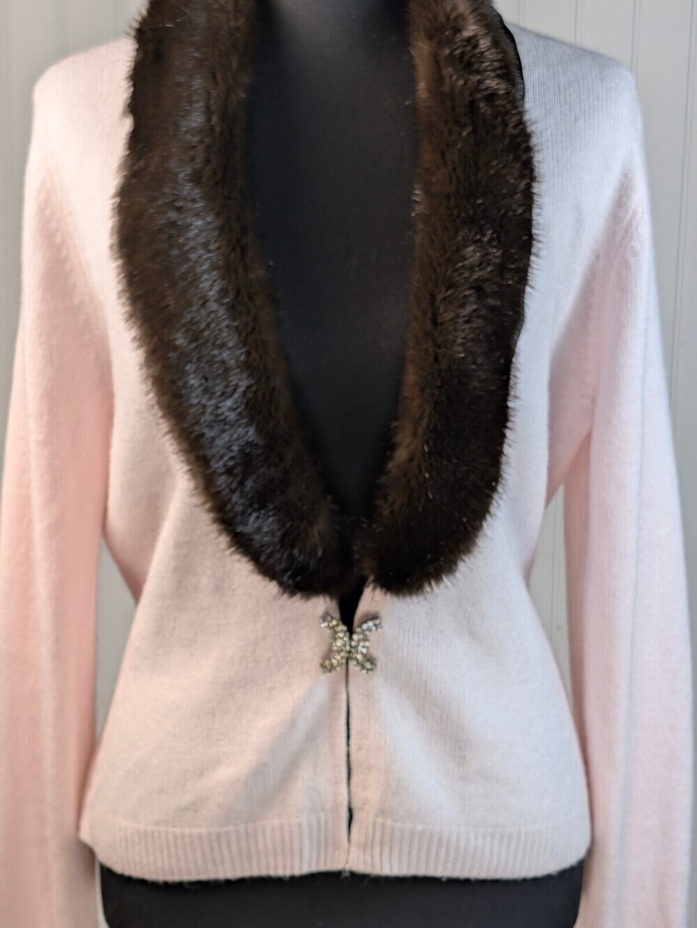 Moda International Pink Sweater with Faux Fur Collar Rhinestone Claw Clasp L